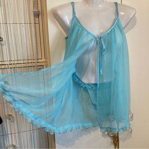La Senza 2 Piece Baby Blue Sheer Chemise Sleep Shirt Cami Set Size S NWT
